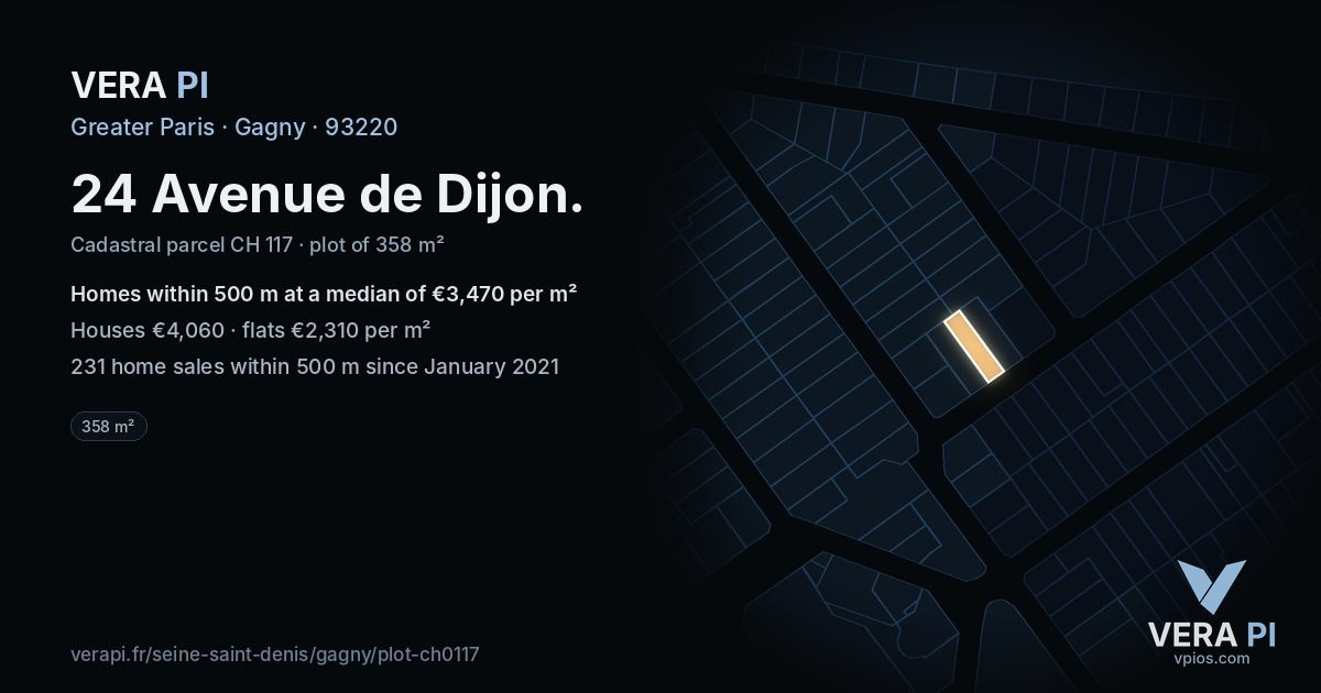 24 Avenue de Dijon, Gagny at night – the plot lit, the parcels around coloured by the prices near them