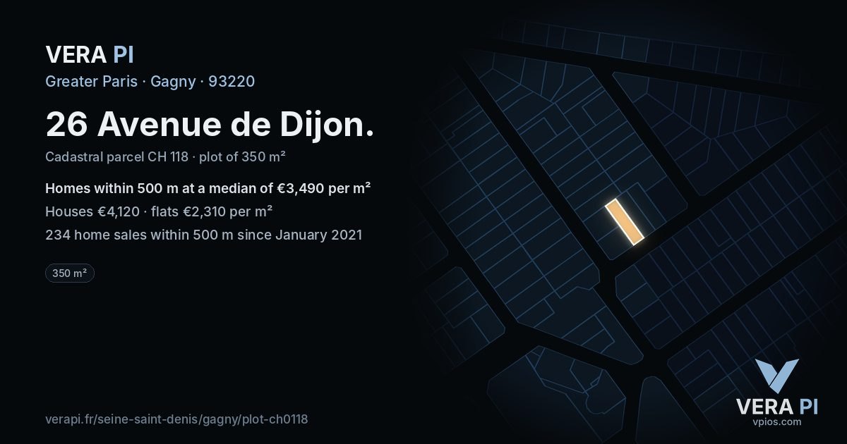 26 Avenue de Dijon, Gagny at night – the plot lit, the parcels around coloured by the prices near them