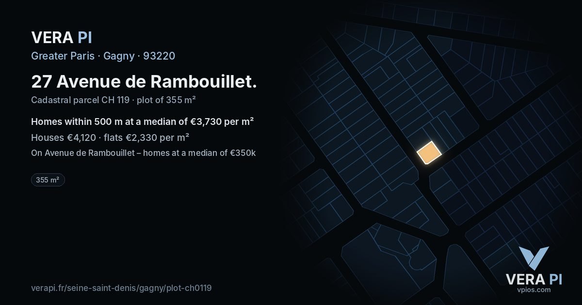 27 Avenue de Rambouillet, Gagny at night – the plot lit, the parcels around coloured by the prices near them