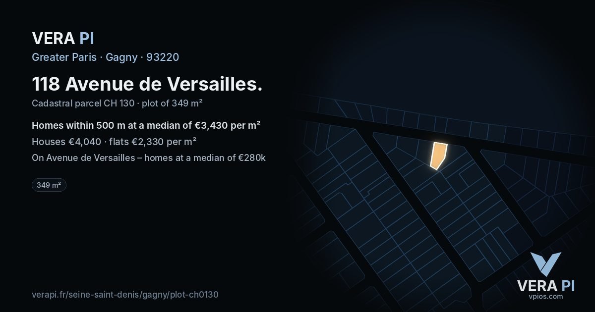 118 Avenue de Versailles, Gagny at night – the plot lit, the parcels around coloured by the prices near them