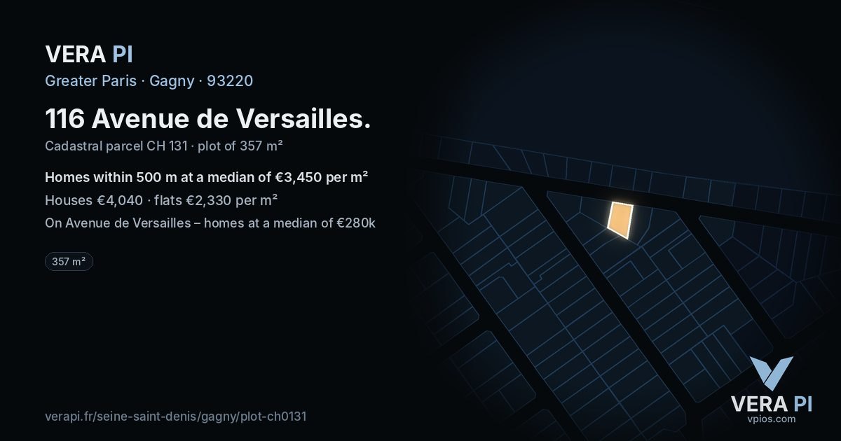 116 Avenue de Versailles, Gagny at night – the plot lit, the parcels around coloured by the prices near them