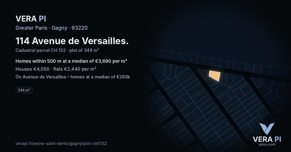 114 Avenue de Versailles, Gagny at night – the plot lit, the parcels around coloured by the prices near them
