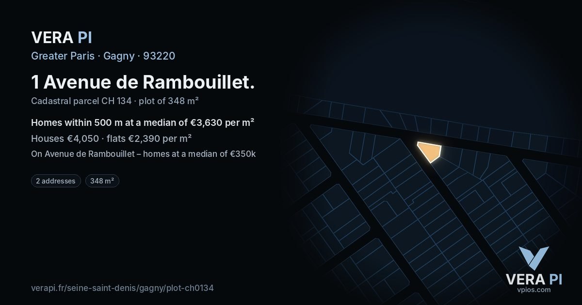 1 Avenue de Rambouillet, Gagny at night – the plot lit, the parcels around coloured by the prices near them