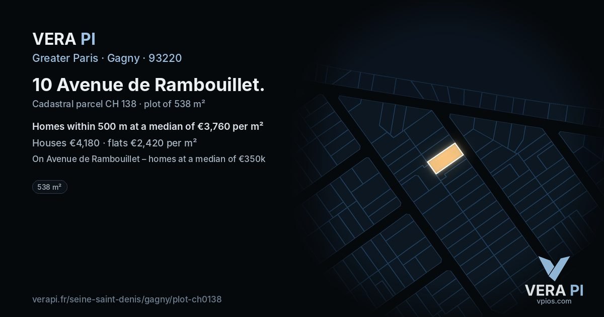 10 Avenue de Rambouillet, Gagny at night – the plot lit, the parcels around coloured by the prices near them