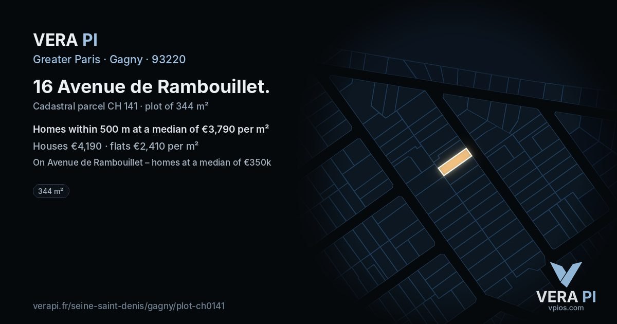 16 Avenue de Rambouillet, Gagny at night – the plot lit, the parcels around coloured by the prices near them