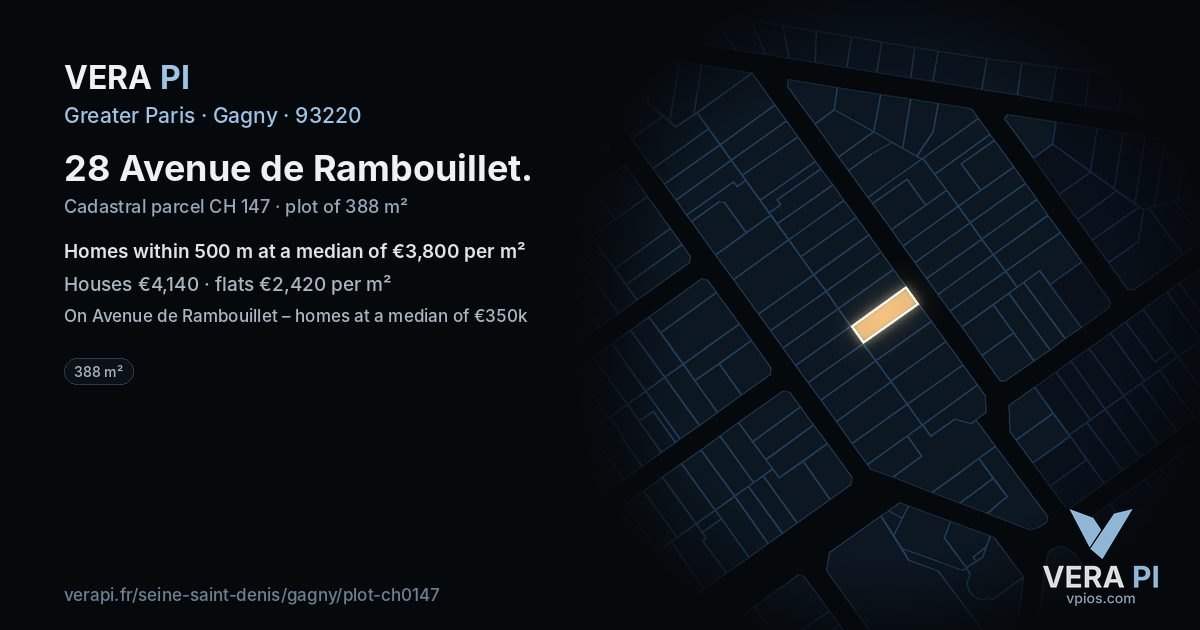 28 Avenue de Rambouillet, Gagny at night – the plot lit, the parcels around coloured by the prices near them