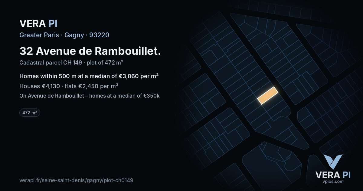 32 Avenue de Rambouillet, Gagny at night – the plot lit, the parcels around coloured by the prices near them