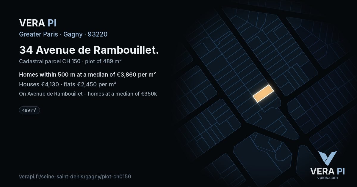 34 Avenue de Rambouillet, Gagny at night – the plot lit, the parcels around coloured by the prices near them