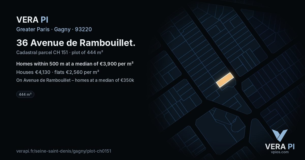 36 Avenue de Rambouillet, Gagny at night – the plot lit, the parcels around coloured by the prices near them
