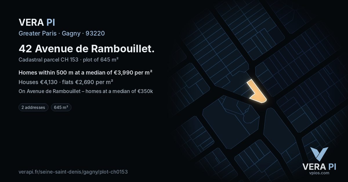 42 Avenue de Rambouillet, Gagny at night – the plot lit, the parcels around coloured by the prices near them