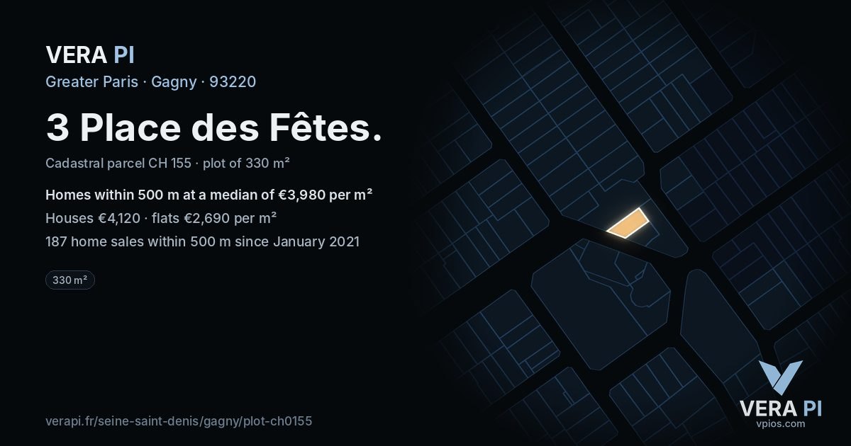 3 Place des Fêtes, Gagny at night – the plot lit, the parcels around coloured by the prices near them