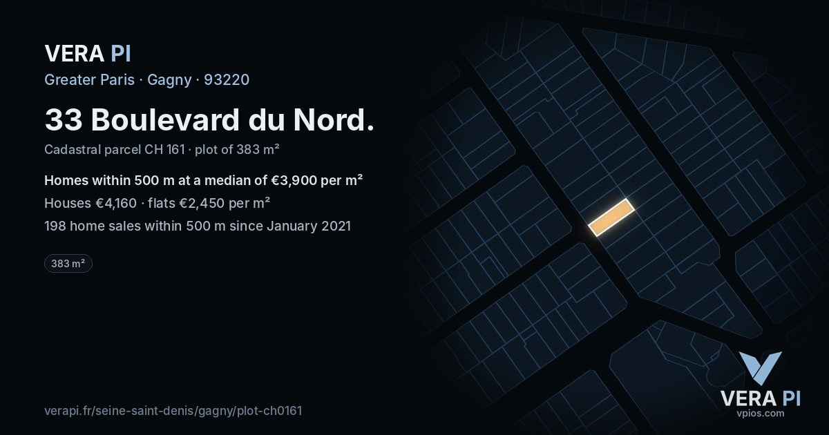33 Boulevard du Nord, Gagny at night – the plot lit, the parcels around coloured by the prices near them