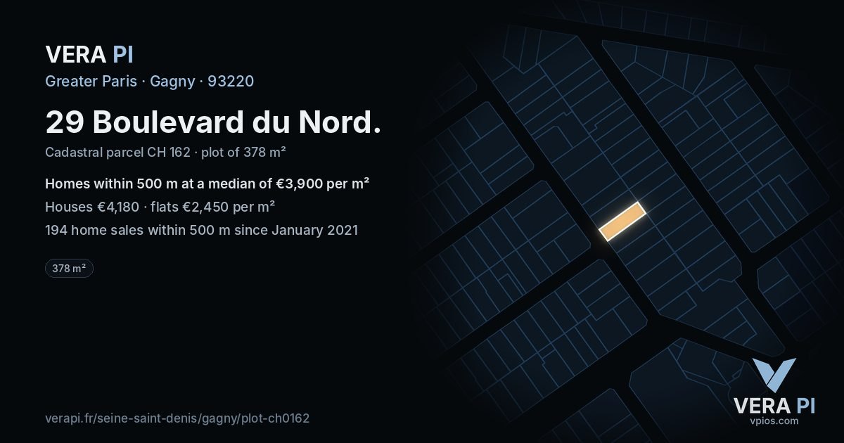 29 Boulevard du Nord, Gagny at night – the plot lit, the parcels around coloured by the prices near them