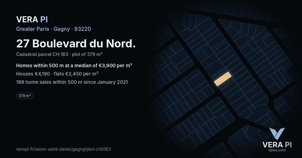 27 Boulevard du Nord, Gagny at night – the plot lit, the parcels around coloured by the prices near them