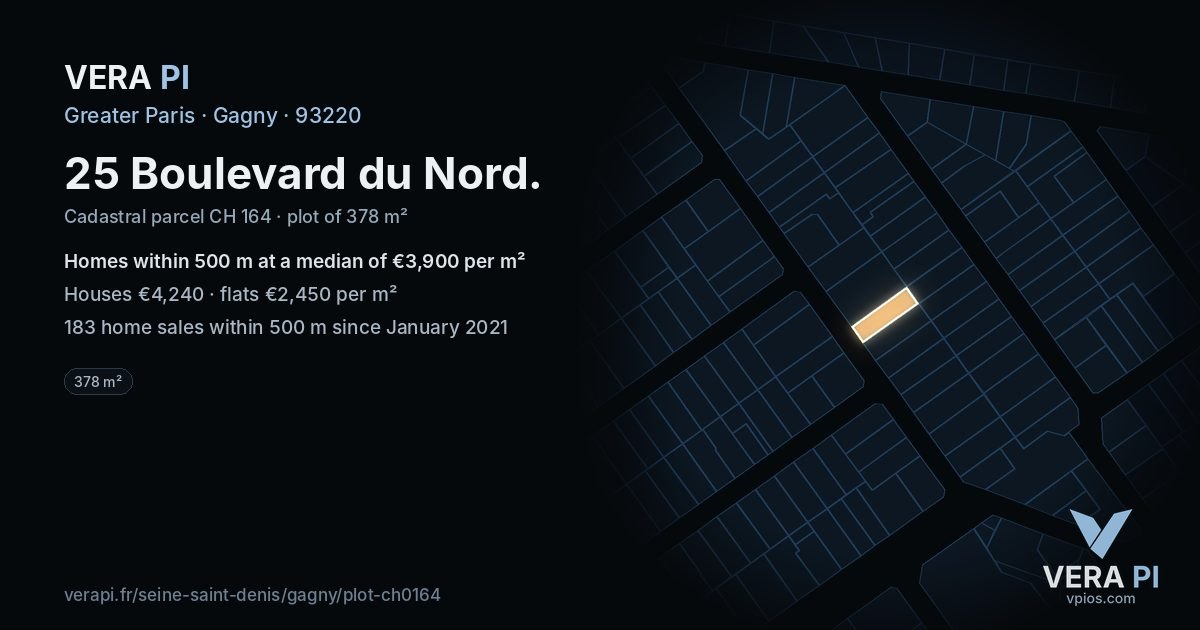 25 Boulevard du Nord, Gagny at night – the plot lit, the parcels around coloured by the prices near them