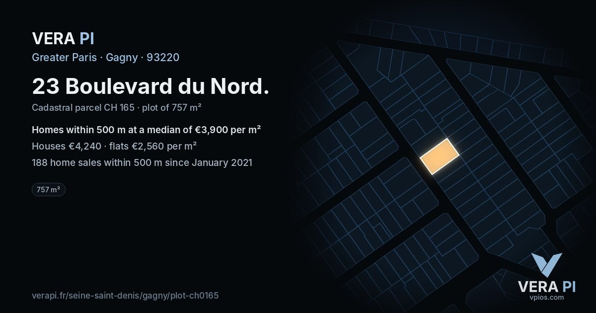 23 Boulevard du Nord, Gagny at night – the plot lit, the parcels around coloured by the prices near them