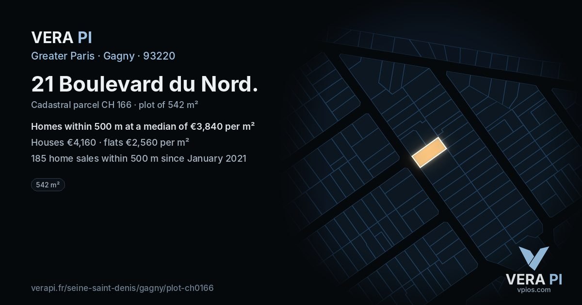 21 Boulevard du Nord, Gagny at night – the plot lit, the parcels around coloured by the prices near them