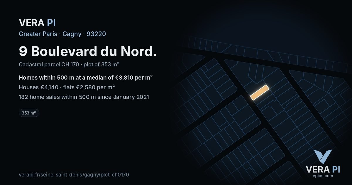 9 Boulevard du Nord, Gagny at night – the plot lit, the parcels around coloured by the prices near them