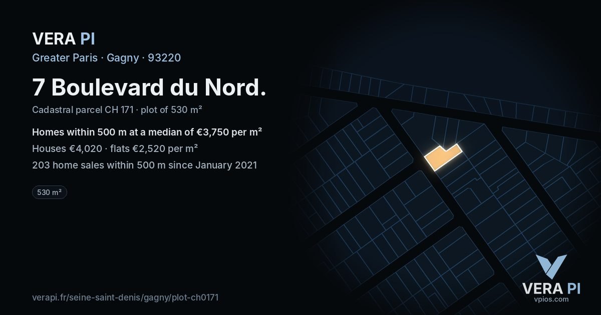 7 Boulevard du Nord, Gagny at night – the plot lit, the parcels around coloured by the prices near them