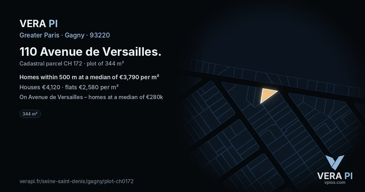 110 Avenue de Versailles, Gagny at night – the plot lit, the parcels around coloured by the prices near them