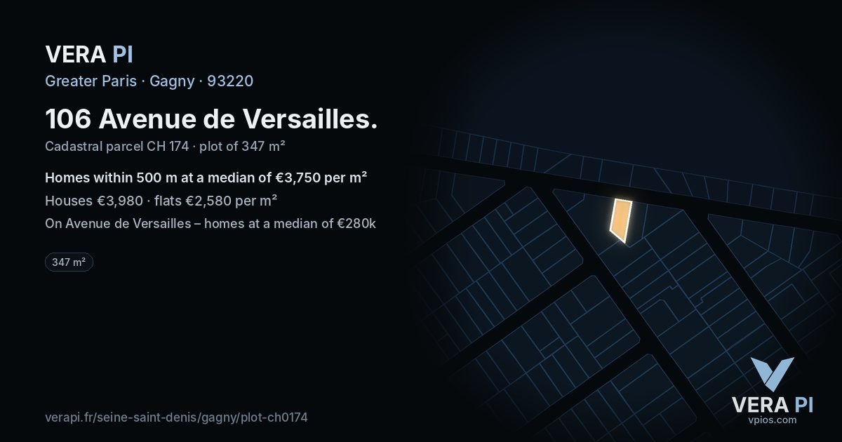 106 Avenue de Versailles, Gagny at night – the plot lit, the parcels around coloured by the prices near them