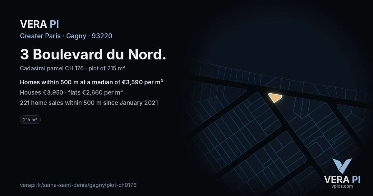 3 Boulevard du Nord, Gagny at night – the plot lit, the parcels around coloured by the prices near them