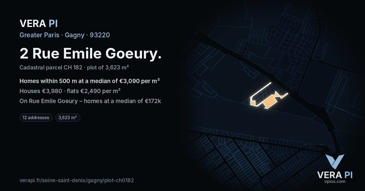 2 Rue Emile Goeury, Gagny at night – the plot lit, the parcels around coloured by the prices near them