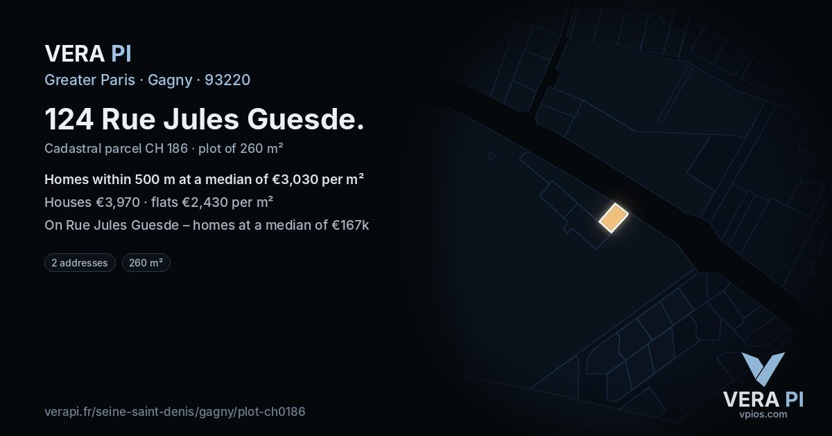 124 Rue Jules Guesde, Gagny at night – the plot lit, the parcels around coloured by the prices near them