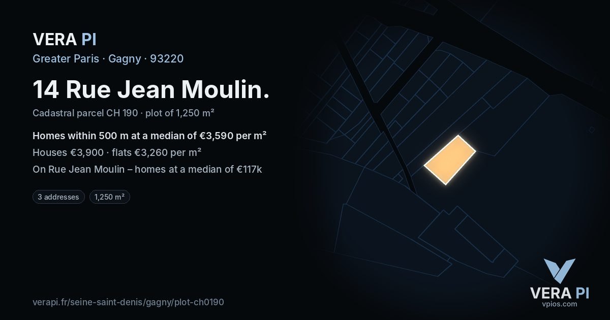 14 Rue Jean Moulin, Gagny at night – the plot lit, the parcels around coloured by the prices near them