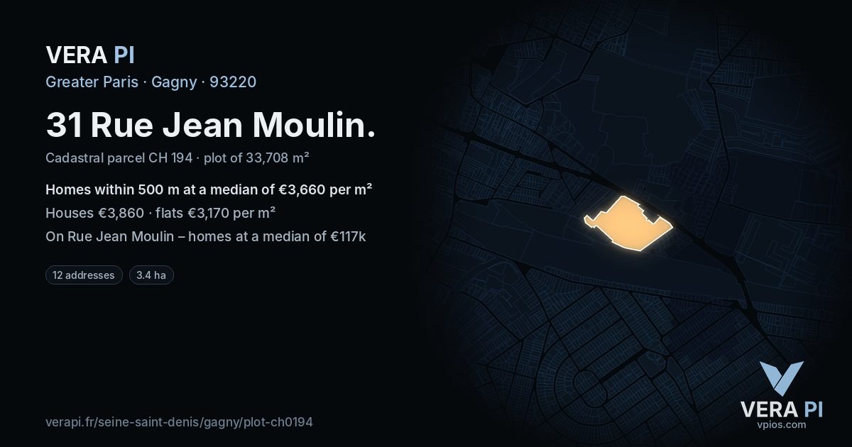 31 Rue Jean Moulin, Gagny at night – the plot lit, the parcels around coloured by the prices near them