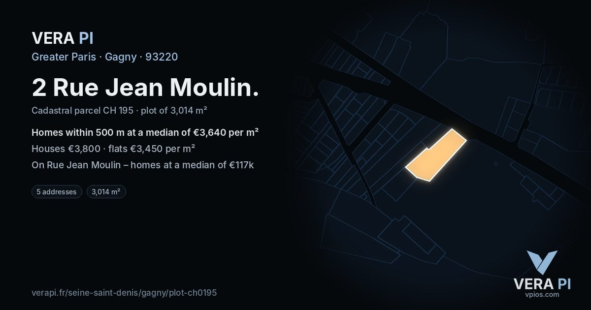 2 Rue Jean Moulin, Gagny at night – the plot lit, the parcels around coloured by the prices near them