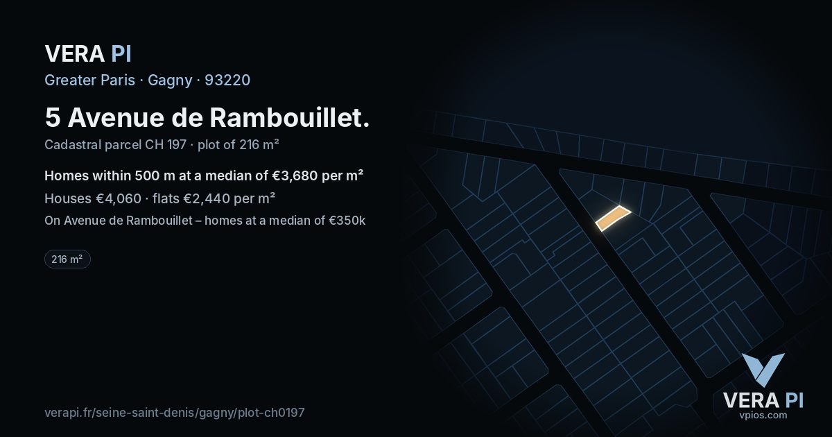 5 Avenue de Rambouillet, Gagny at night – the plot lit, the parcels around coloured by the prices near them