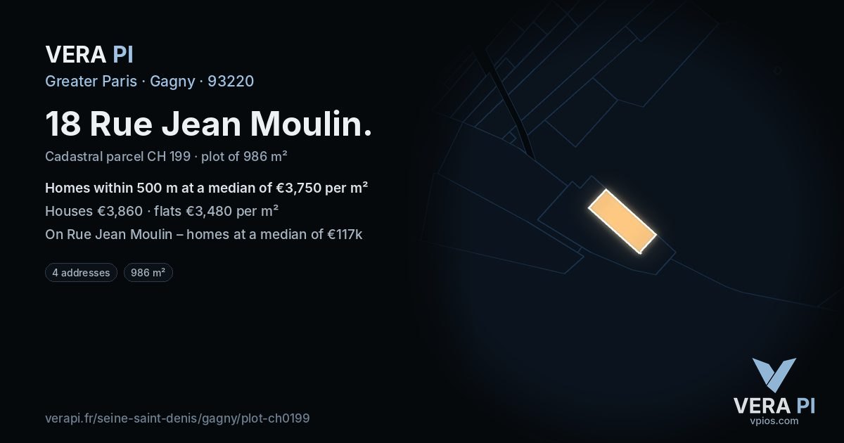 18 Rue Jean Moulin, Gagny at night – the plot lit, the parcels around coloured by the prices near them