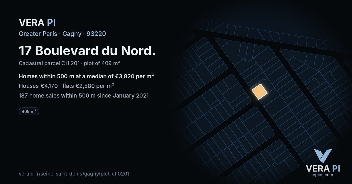 17 Boulevard du Nord, Gagny at night – the plot lit, the parcels around coloured by the prices near them