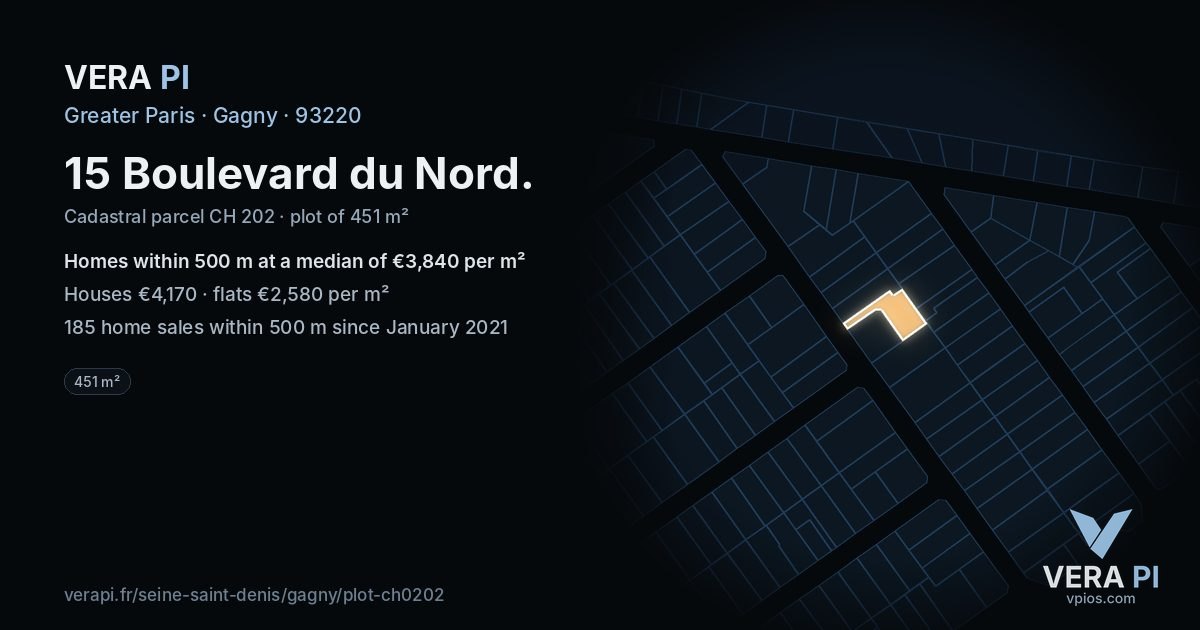 15 Boulevard du Nord, Gagny at night – the plot lit, the parcels around coloured by the prices near them