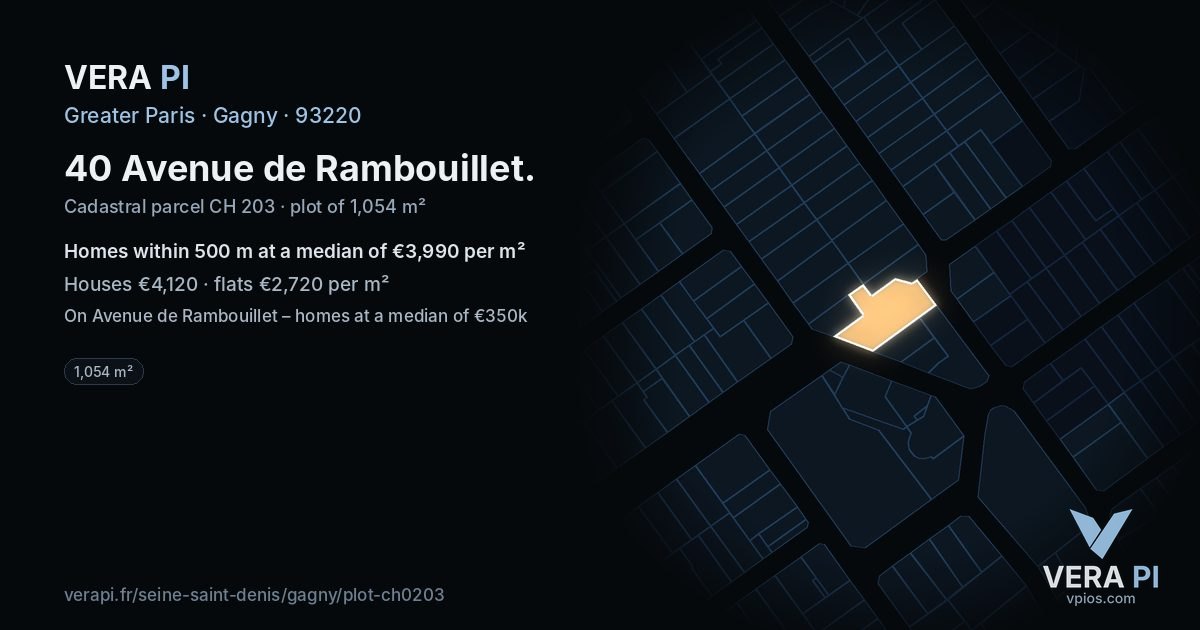 40 Avenue de Rambouillet, Gagny at night – the plot lit, the parcels around coloured by the prices near them