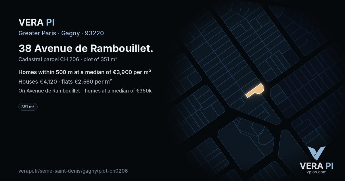38 Avenue de Rambouillet, Gagny at night – the plot lit, the parcels around coloured by the prices near them