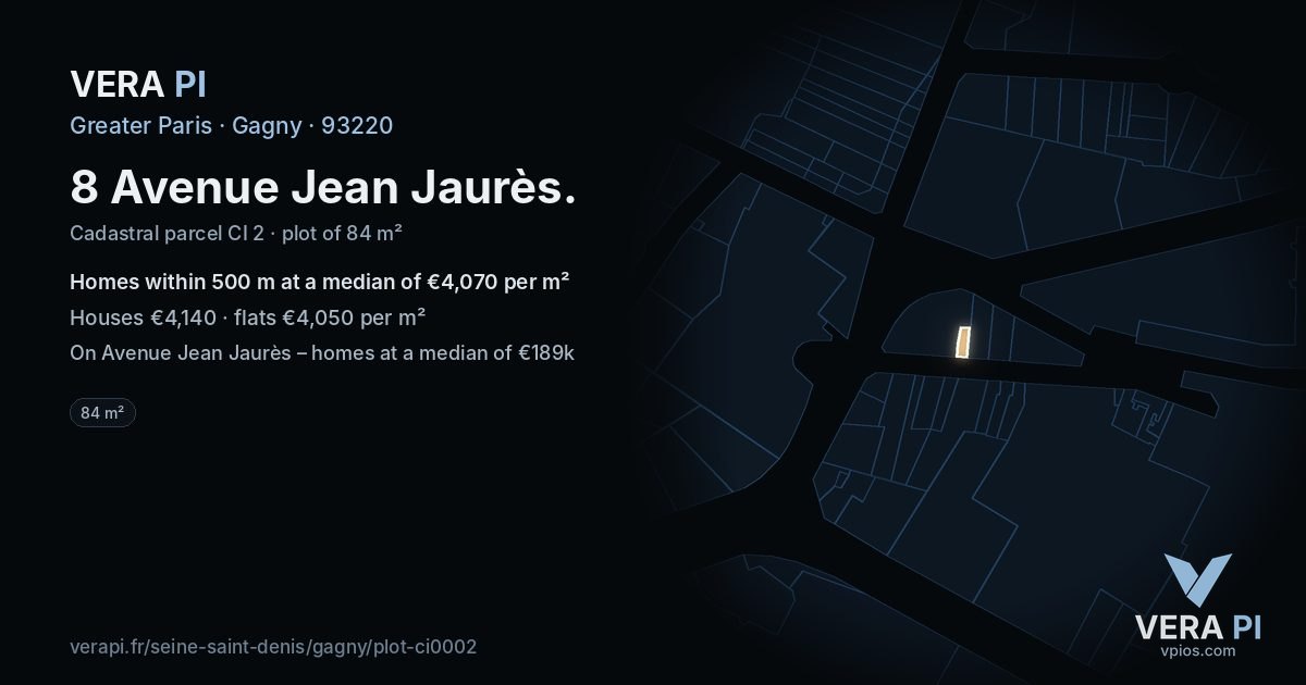8 Avenue Jean Jaurès, Gagny at night – the plot lit, the parcels around coloured by the prices near them