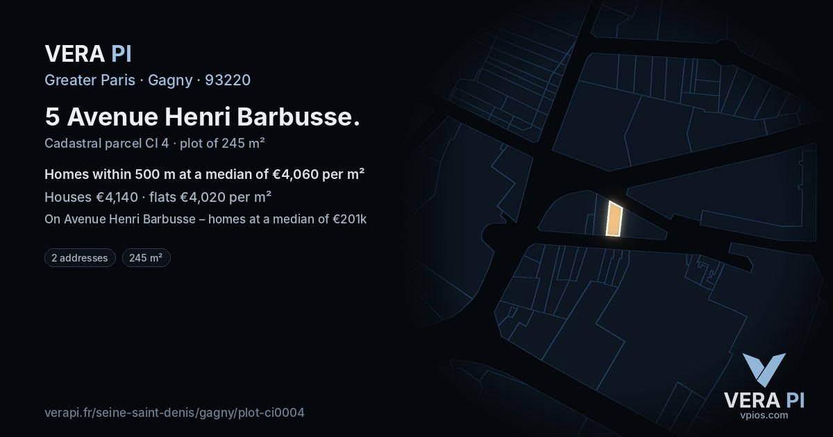 5 Avenue Henri Barbusse, Gagny at night – the plot lit, the parcels around coloured by the prices near them