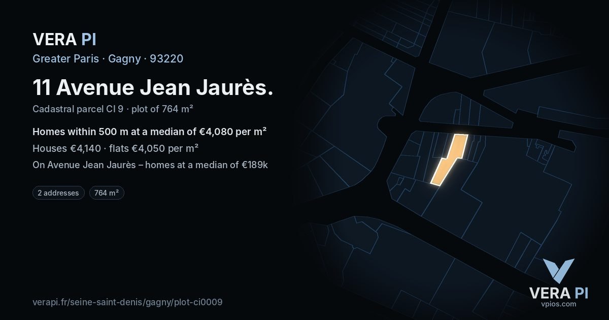 11 Avenue Jean Jaurès, Gagny at night – the plot lit, the parcels around coloured by the prices near them