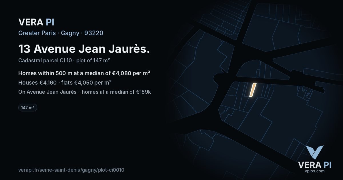 13 Avenue Jean Jaurès, Gagny at night – the plot lit, the parcels around coloured by the prices near them