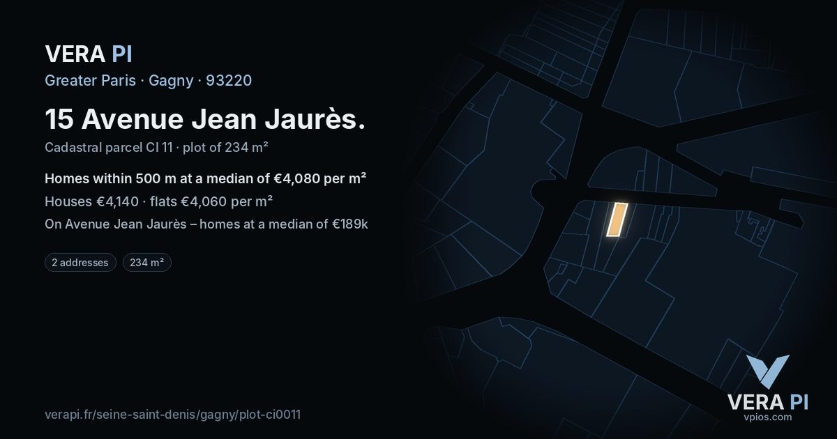 15 Avenue Jean Jaurès, Gagny at night – the plot lit, the parcels around coloured by the prices near them