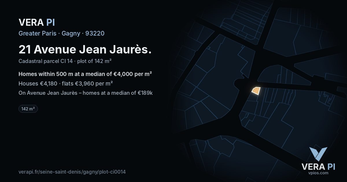 21 Avenue Jean Jaurès, Gagny at night – the plot lit, the parcels around coloured by the prices near them