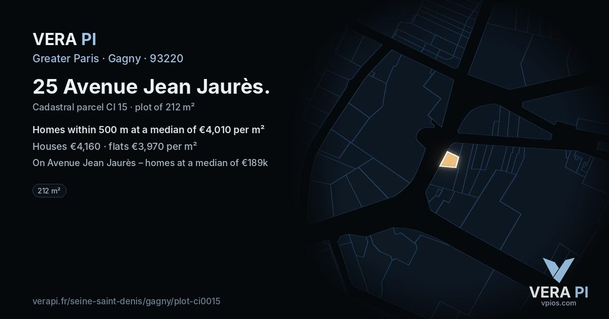 25 Avenue Jean Jaurès, Gagny at night – the plot lit, the parcels around coloured by the prices near them