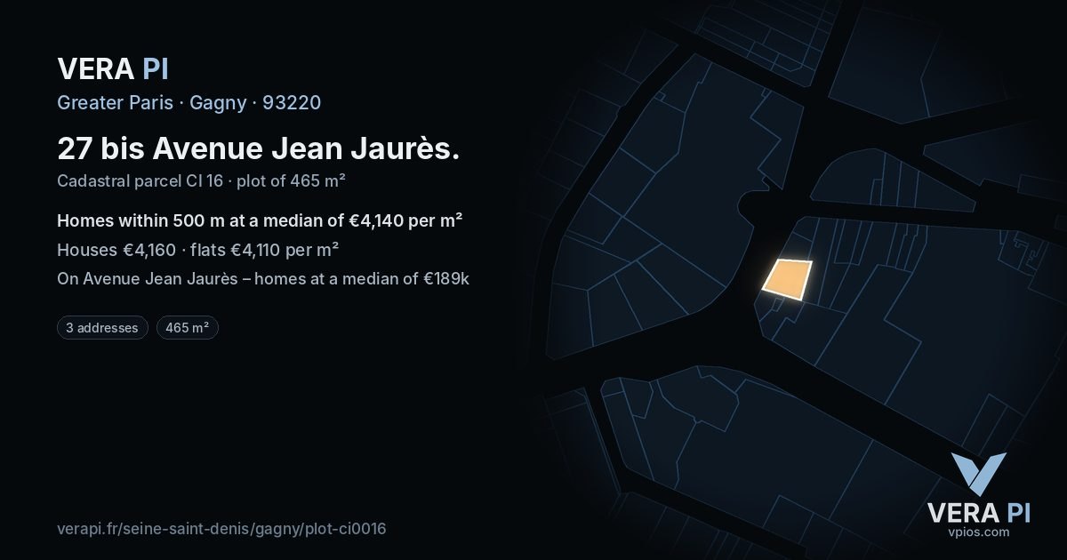 27 bis Avenue Jean Jaurès, Gagny at night – the plot lit, the parcels around coloured by the prices near them
