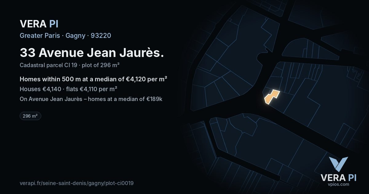 33 Avenue Jean Jaurès, Gagny at night – the plot lit, the parcels around coloured by the prices near them