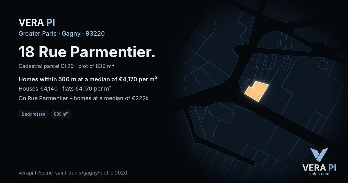 18 Rue Parmentier, Gagny at night – the plot lit, the parcels around coloured by the prices near them
