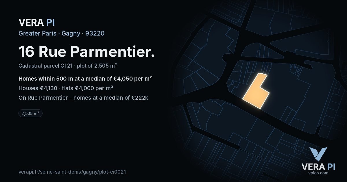 16 Rue Parmentier, Gagny at night – the plot lit, the parcels around coloured by the prices near them