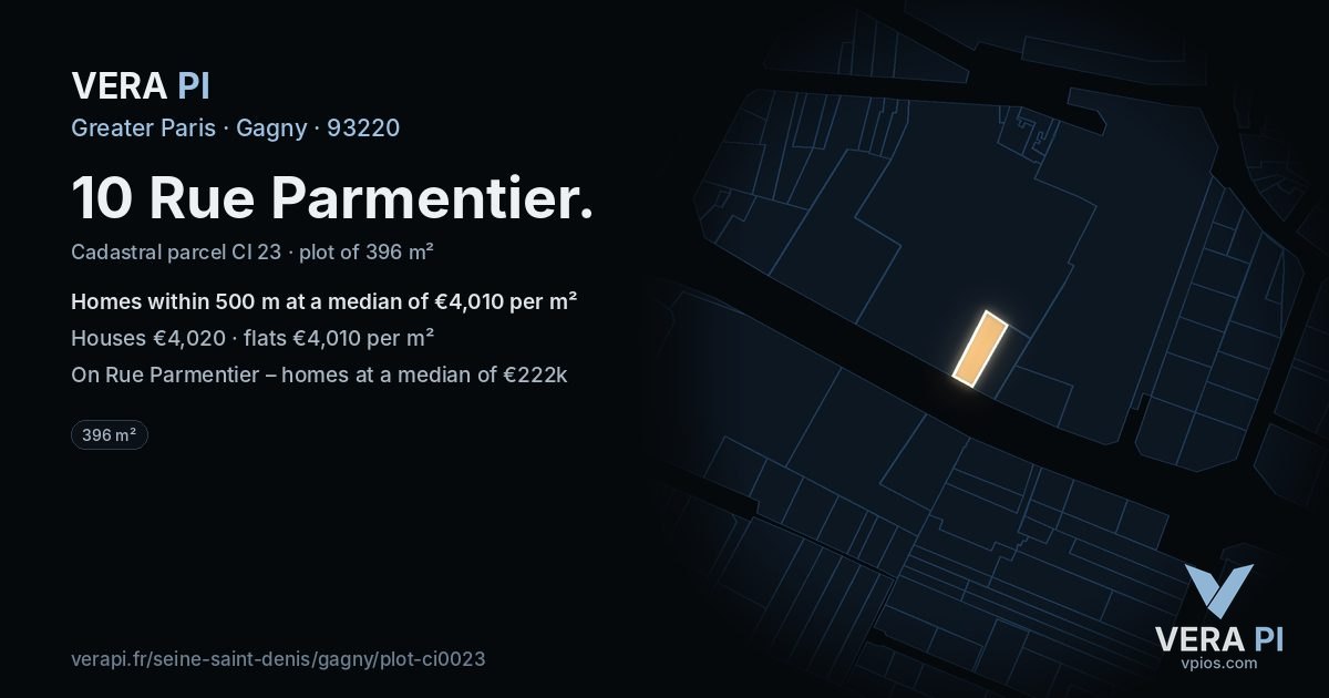 10 Rue Parmentier, Gagny at night – the plot lit, the parcels around coloured by the prices near them