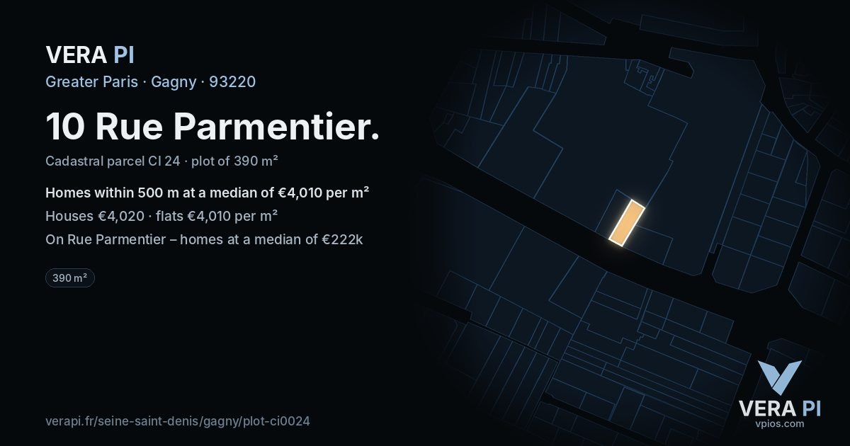 10 Rue Parmentier, Gagny at night – the plot lit, the parcels around coloured by the prices near them